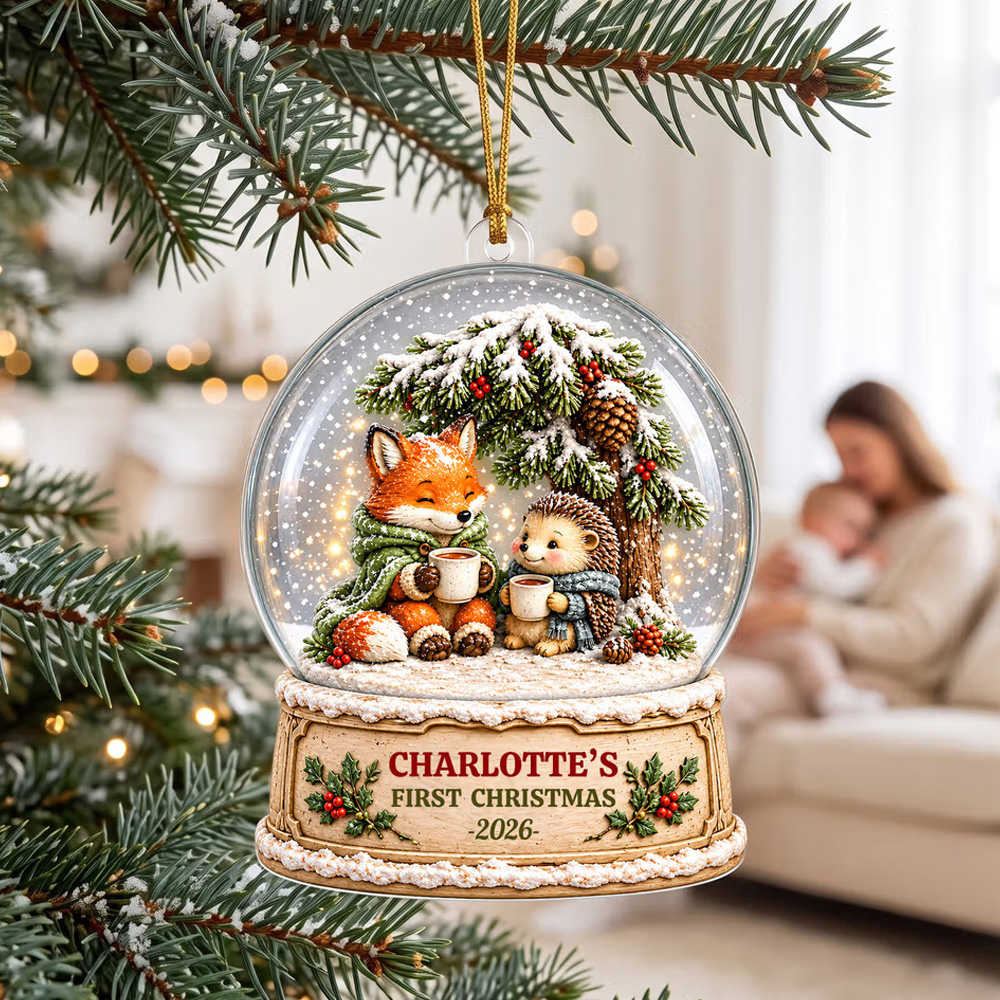 Personalized 3D-Effect Artwork Christmas Fox Hedgehog Acrylic Ornament with Name and Year Tree Decor First Christmas Gift for New Parents
