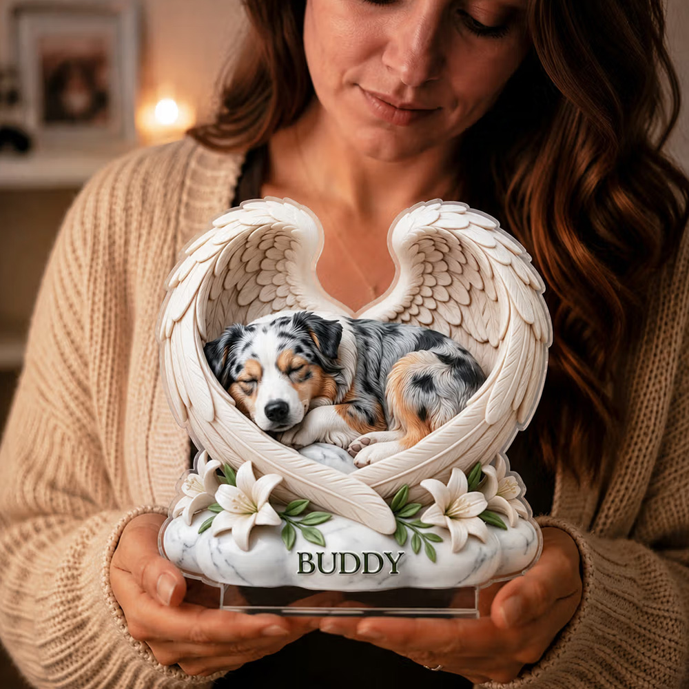 Personalized 3D-Effect Artwork Dog Cat Pet Photo Angel Wings Clear Acrylic Plaque with Name Memorial Gift for Pet Owners Lovers