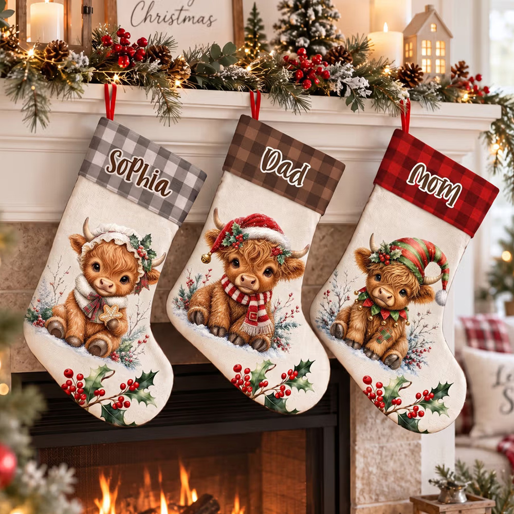 Personalized Cute Christmas Highland Cow Holly Plaid Christmas Stocking with Name Home Decor Christmas Holiday Gift for Kids Friends Family