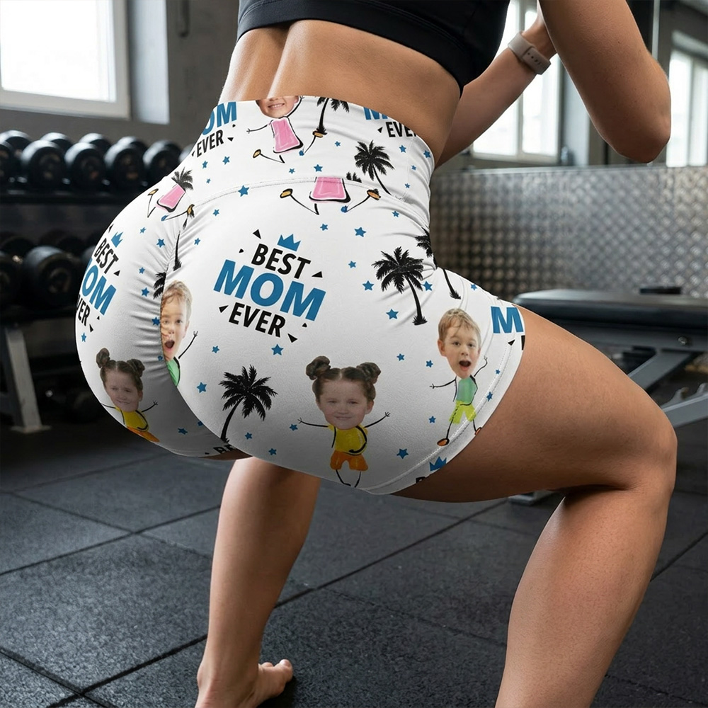 Personalized Best Mom Ever Custom Kids Face Print High Waisted Scrunch Butt Workout Shorts Mothers Day Gift Yoga Shorts