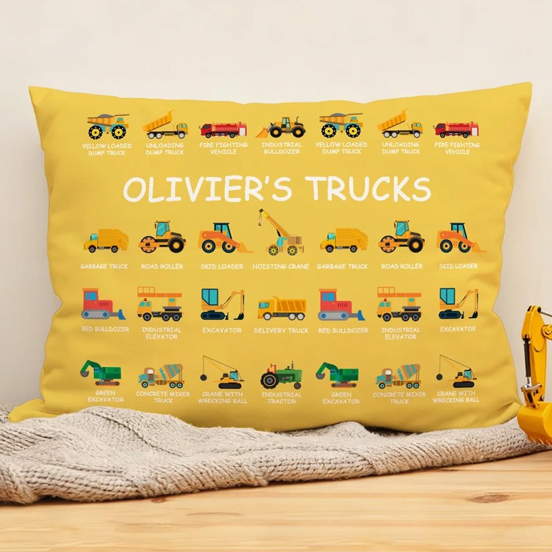 Personalized Construction Truck Excavator Bulldozer Throw Pillow Cover with Name Home Decor Christmas Birthday Gift for Boys Truck Lovers
