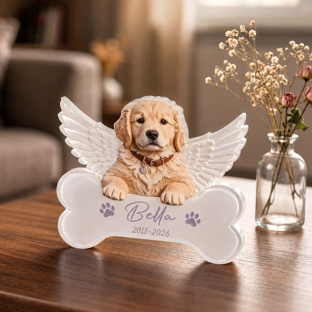 Personalized Dog Cat Photo Angel Wings Memorial Clear Acrylic Plaque with Name and Year Memorial Gift for Pet Owners Lovers