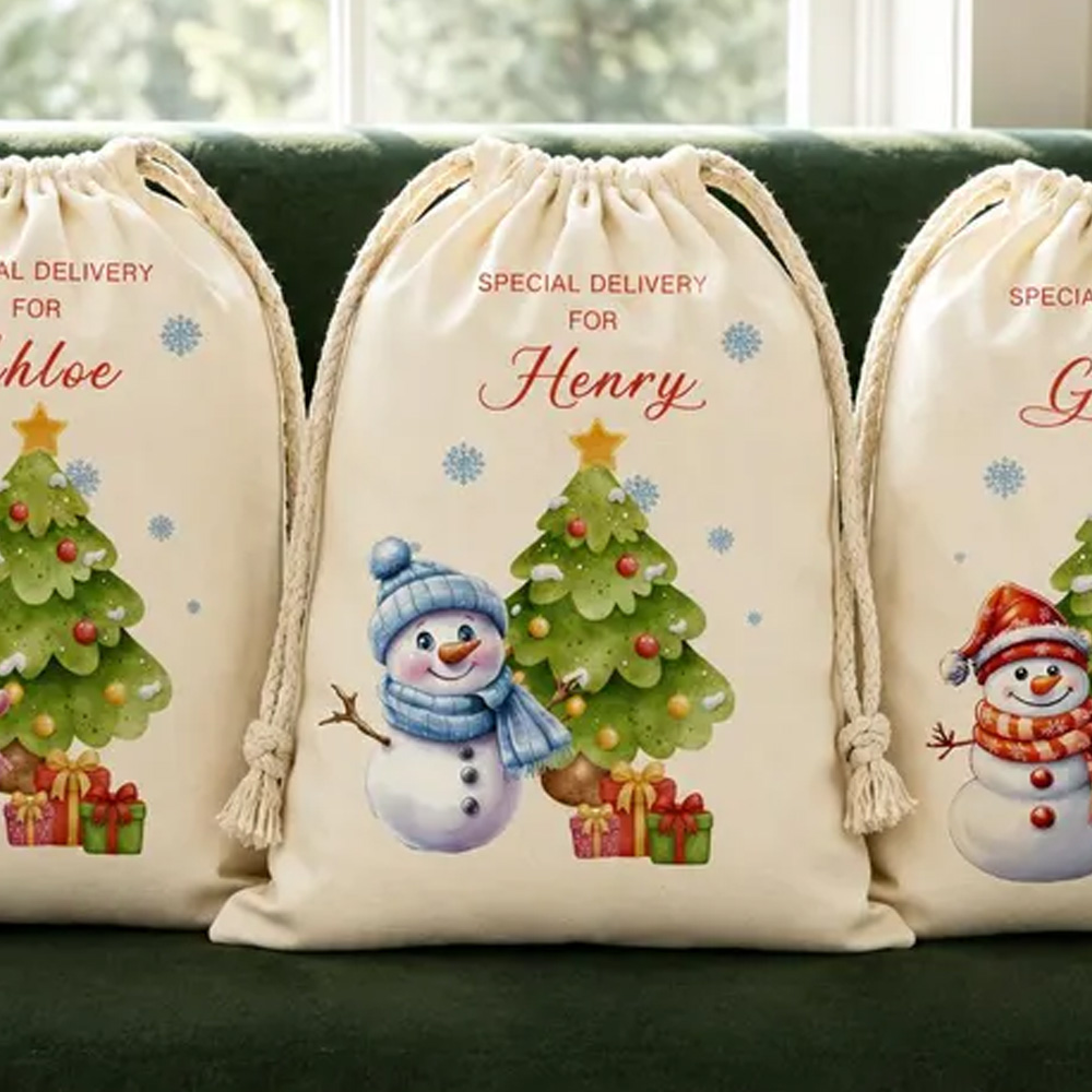Personalized Christmas Tree Snowman Gift Sack Custom Name Large Santa Bag Reusable Holiday Present Storage Kids Christmas Bag