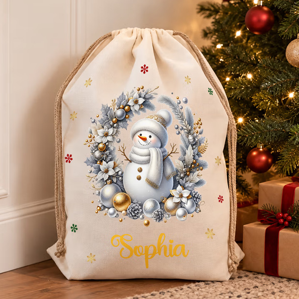 Personalized Cute Snowman Canvas Drawstring Gift Bag with Name Christmas Gift for Boys Girls