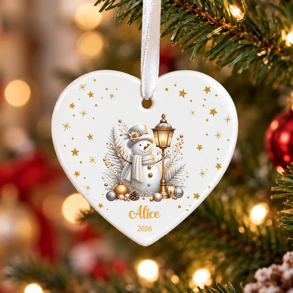 Personalized Christmas Theme Silver Snowman Star Heart Round Ceramic Ornament with Name and Year Christmas Holiday Gift for Family Friends