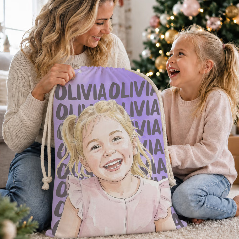 Personalized Watercolor Style Photo Canvas Drawstring Gift Bag with Name Christmas Eve Party Gift for Kids
