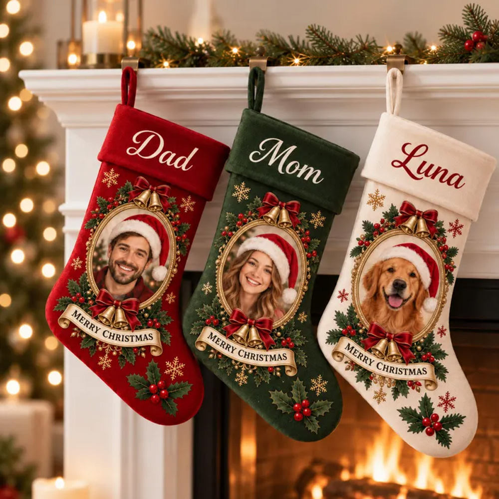 Personalized Christmas Photo Stockings Custom Family Name Holiday Fireplace Hanging Santa Sock Gift