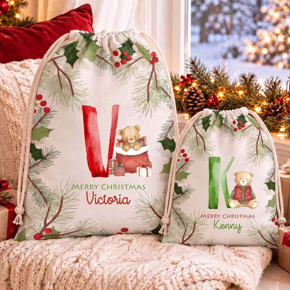 Personalized Name Initial Holly Christmas Teddy Bear Gift Bag Canvas Santa Sack with Drawstring Holiday Party Favor Christmas Gift for Kids