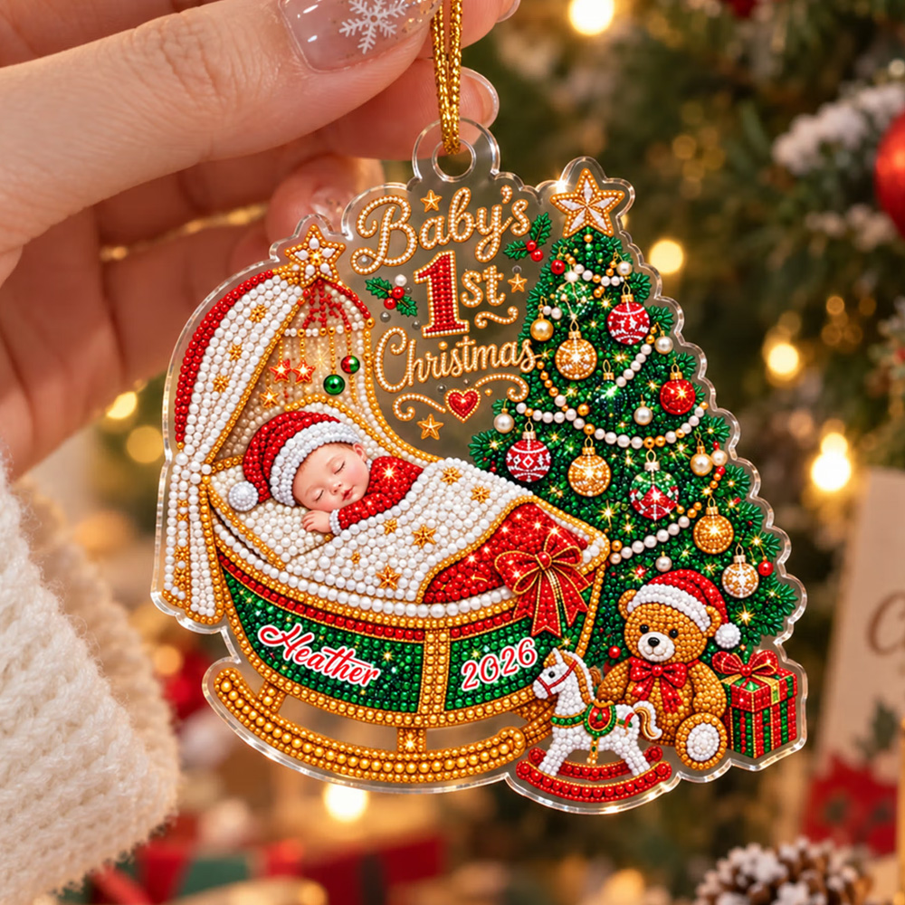 Personalized Name Year Pearl Beaded Effect Baby’s 1st Christmas Ornament Acrylic Holiday Tree Decor Newborn Baby Keepsake Gift for New Parents