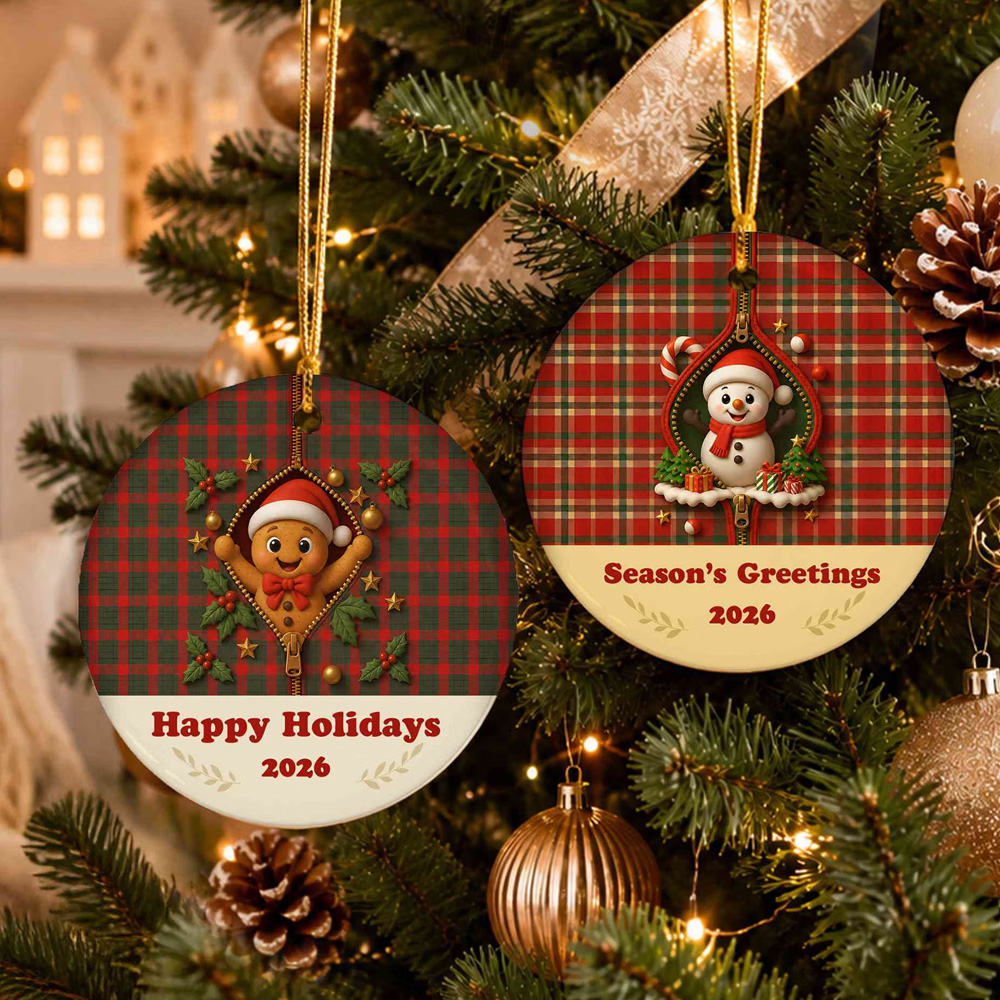 Personalized 3D Cartoon Zipper Christmas Character Plaid Ornament with Text Year Round Ceramic Holiday Tree Decor Christmas Gift for Kids Family