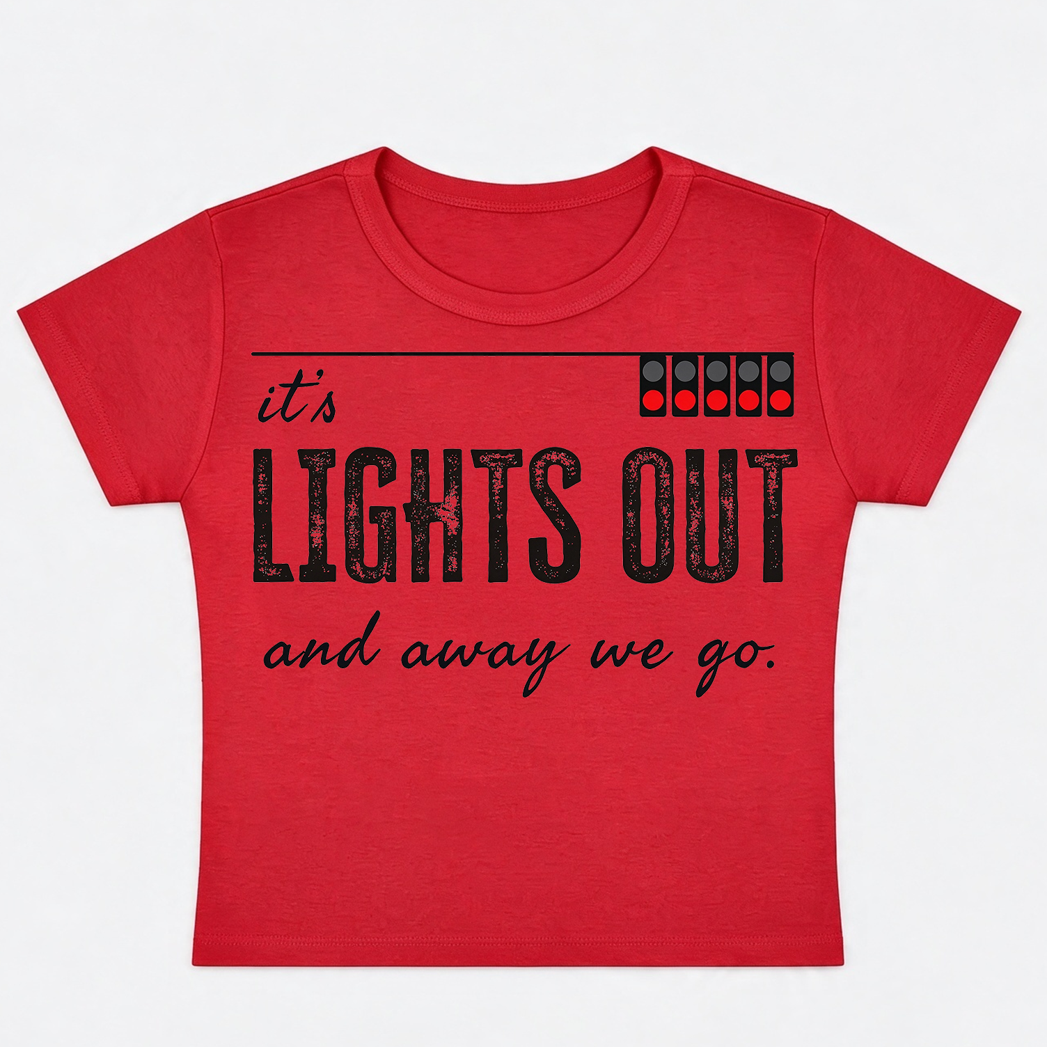 F1 It's Lights Out And Away We Go Baby Tee, Formula 1 Intro Quote Cropped T-shirt, Women’s Racing Crop Top, F1 Fan Gift