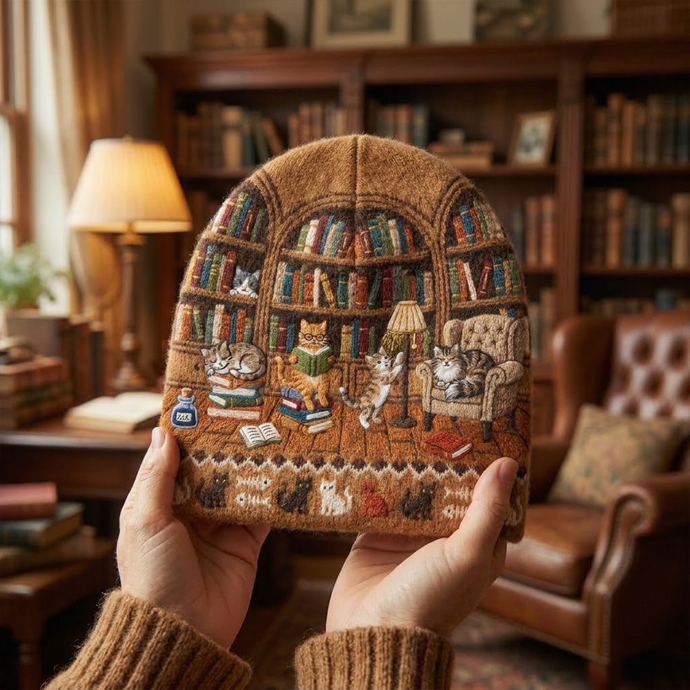 Personalized Cozy Library Cat Knit Beanie Book Filled Shelves Reading Room Pattern Soft Plush Warm Winter Hat For Cat Lovers