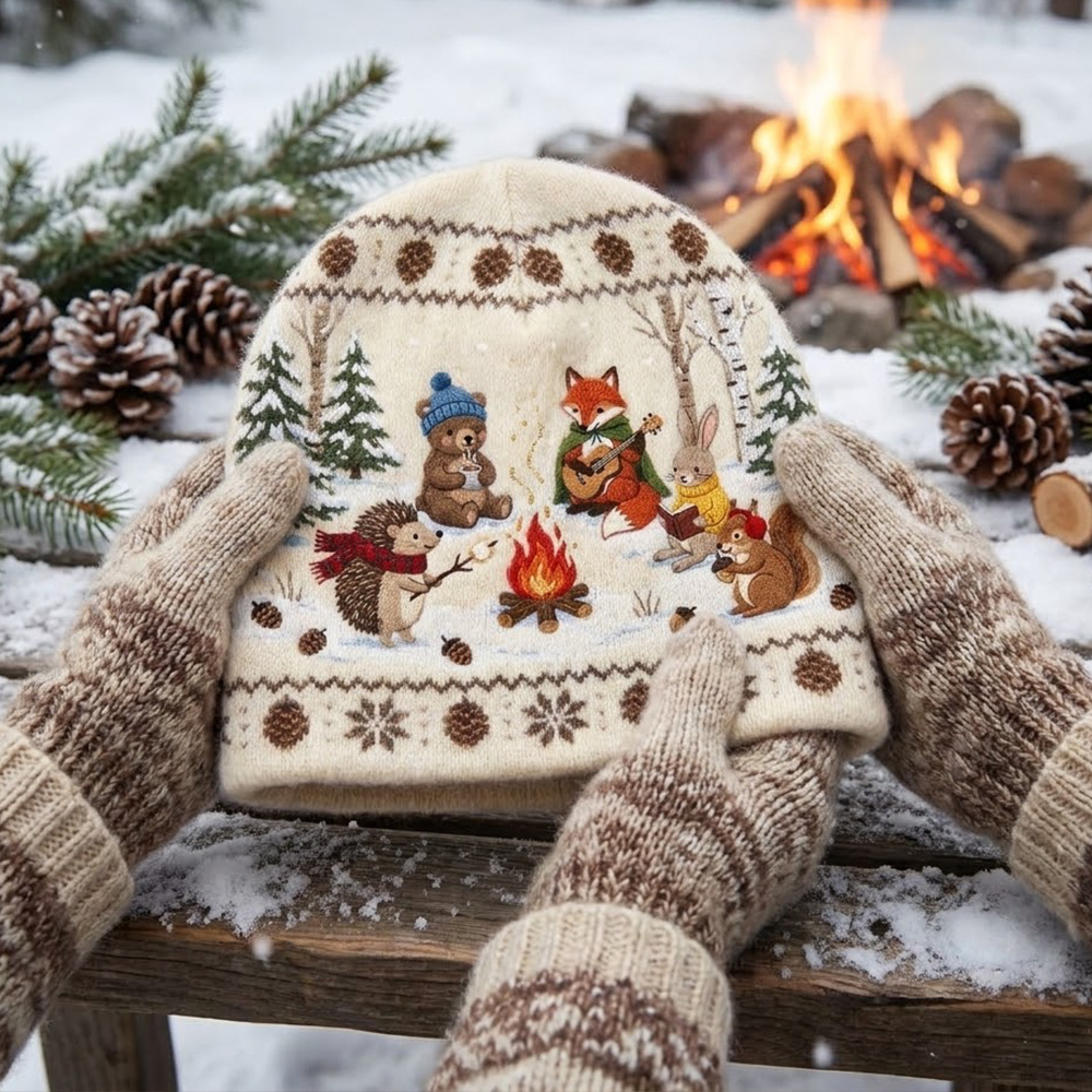 Personalized Woodland Campfire Knit Beanie Cute Forest Animal Snowflake Pattern Soft Plush Warm Winter Hat