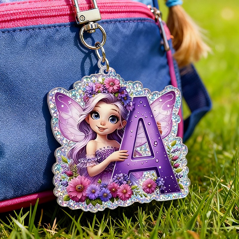 Personalized Fairy Initial Custom Name Soft Decorative Gift Magical Flower Garden Style Purple Sparkle Dream Cute Fantasy Girl Charm Lovely Glitter Keychain