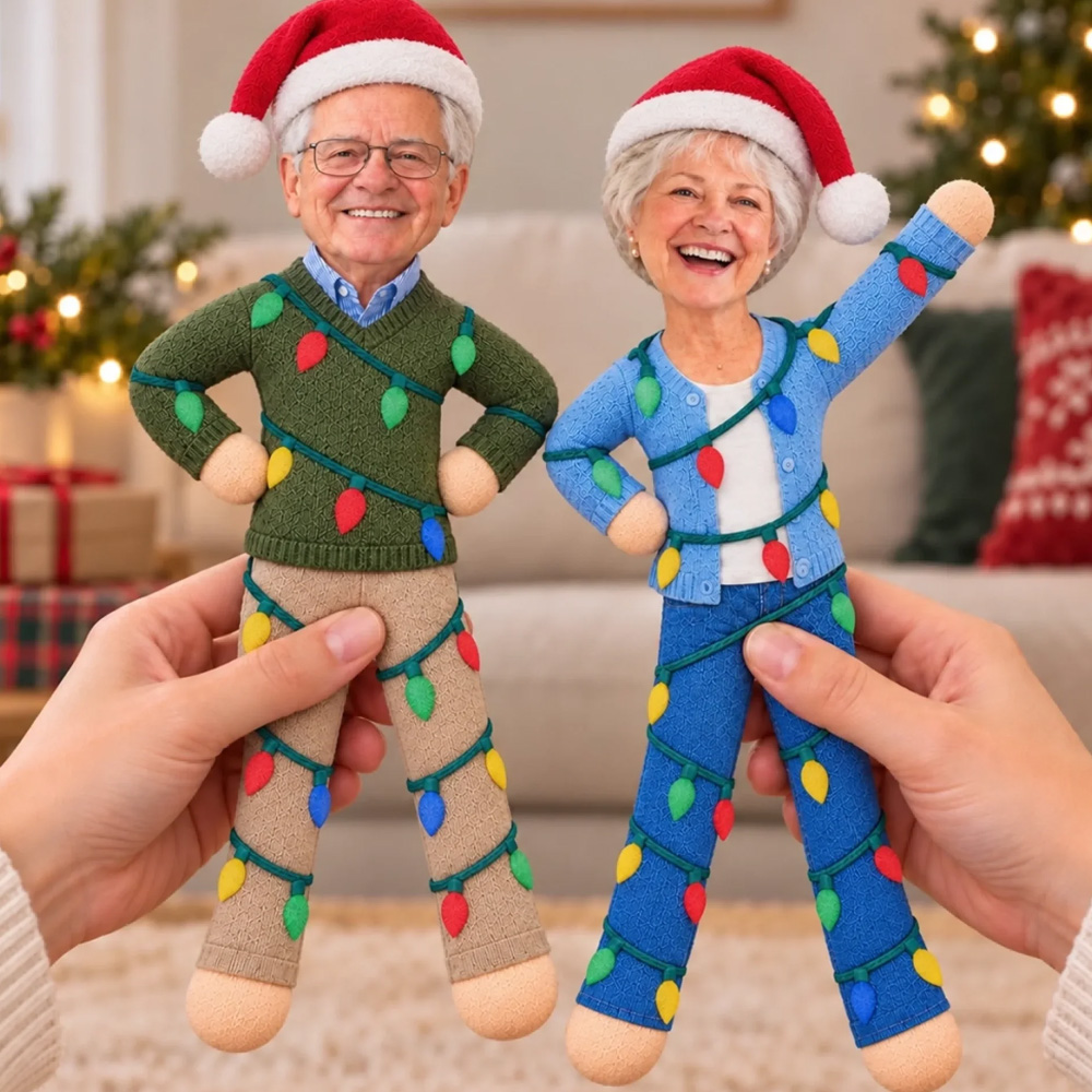 Personalized Poseable Plush Doll Custom Photo Christmas Light Poseable Doll Holiday Gifts For Sisters, Coworkers And Family