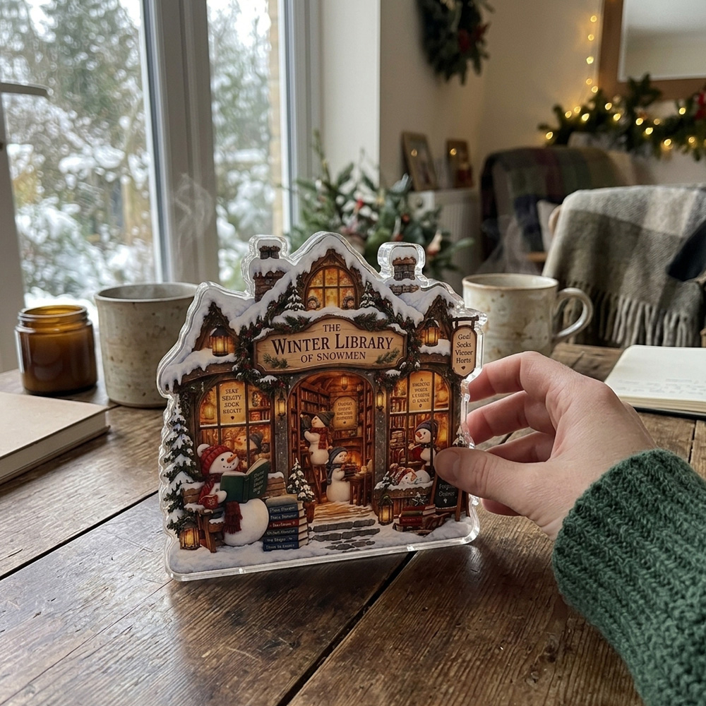 Personalized Snowman Library Acrylic Plaque Winter Bookshop Christmas Decor Book Lover Shelf Sign Reading Lover Gift