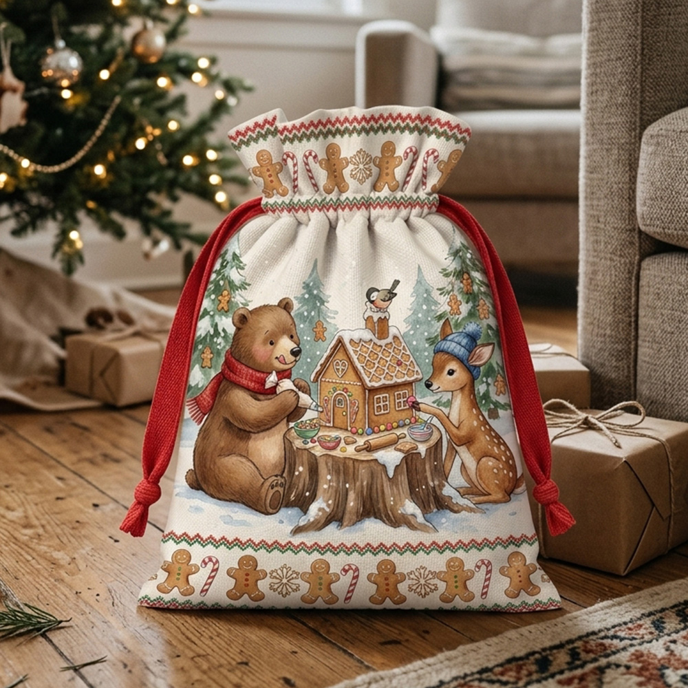 Christmas Santa Sack With Name Woodland Animals Gingerbread House Holiday Gift Bag Kids