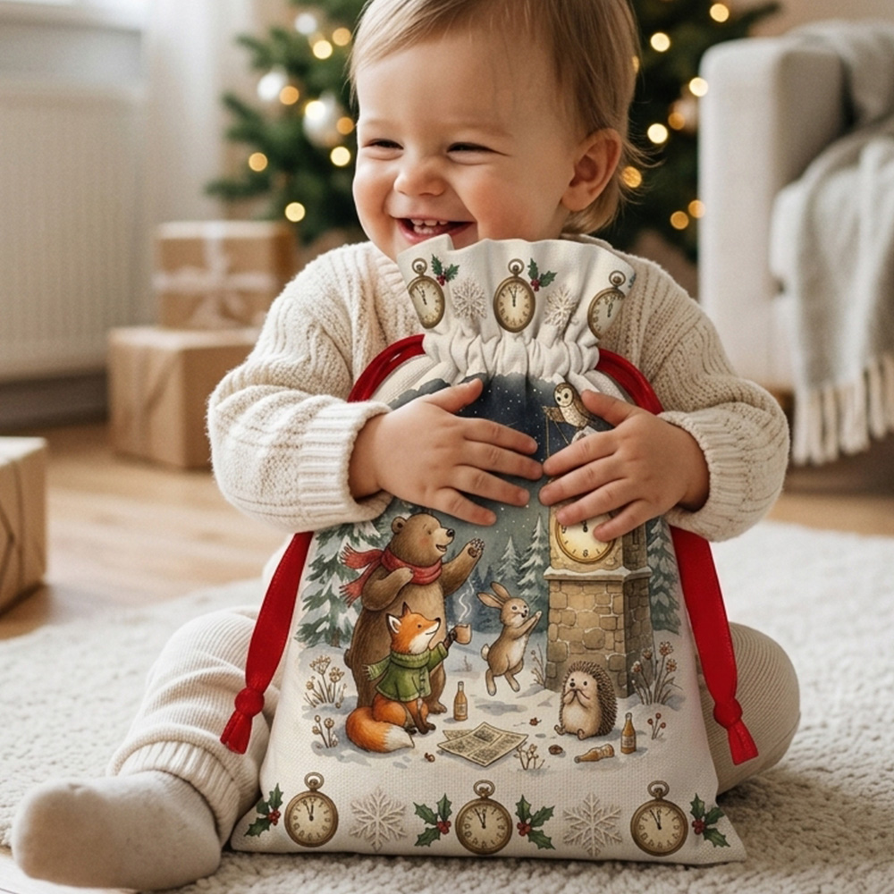 New Year Eve Christmas Sack Woodland Animals Clock Tower Countdown Holiday Gift Bag for Kids