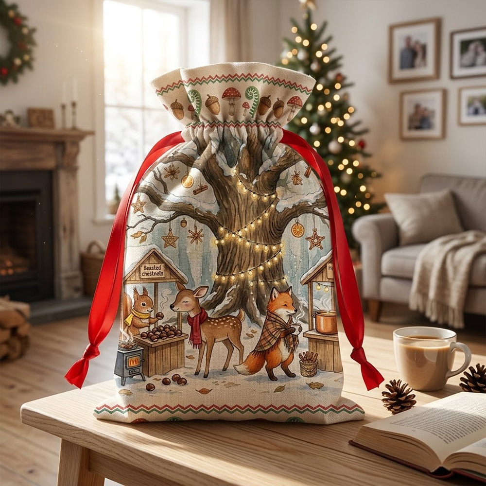 Woodland Christmas Gift Bag With Forest Animals Winter Treat Sack For Kids Holiday Gifts