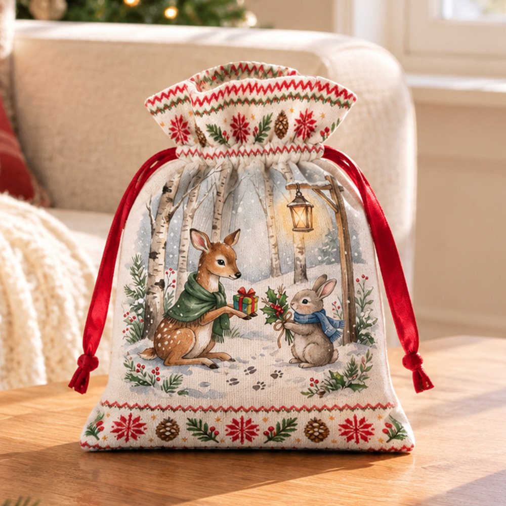 Winter Animal Gift Bag With Deer And Bunny Christmas Treat Sack For Kids Holiday Joy
