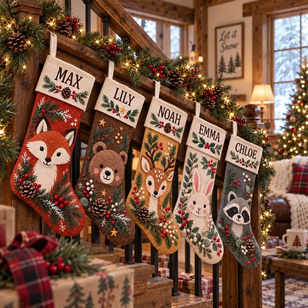 Personalized Christmas Stockings With Custom Name Woodland Animal Face Holiday Hanging Gift for Kids