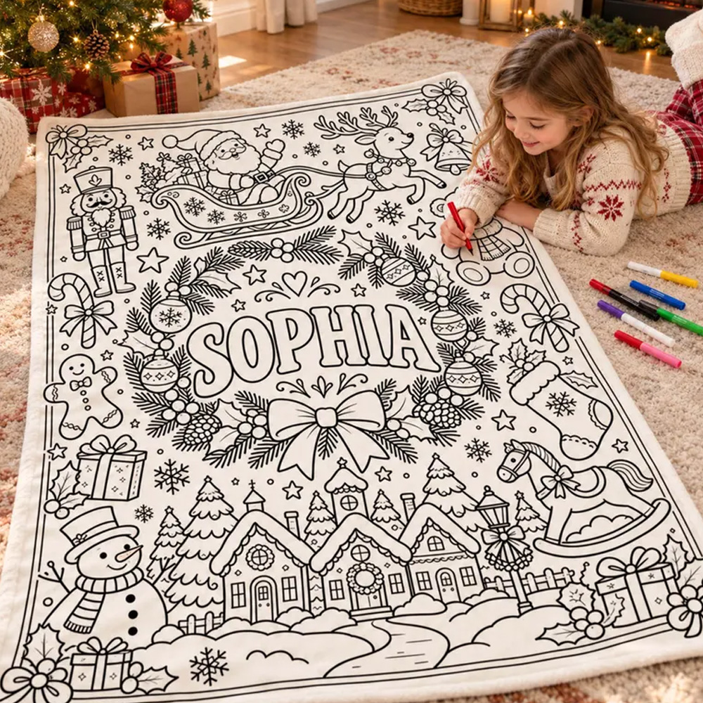 Personalized Christmas Coloring Blanket Custom Name Kids Holiday Activity Gift Family Keepsake