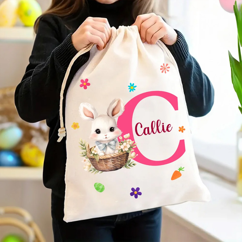 Personalized Watercolor Floral Bunny Name Drawstring Gift Bag with Initial Easter Party Egg Hunting Birthday Gift for Boys Girls