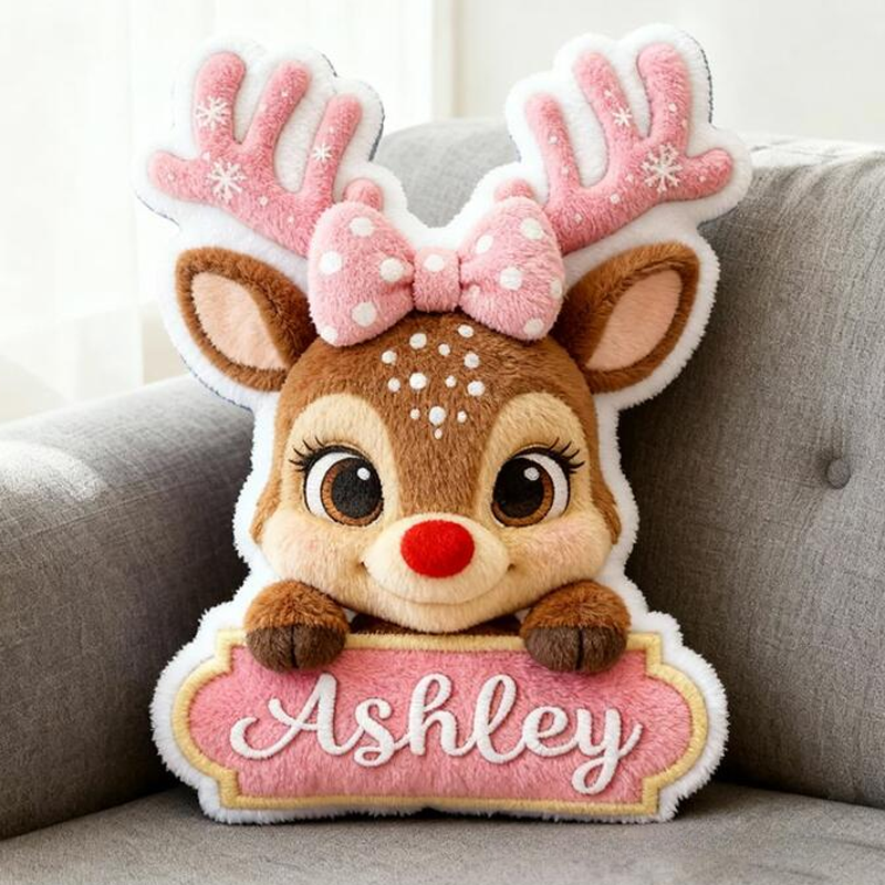Personalized Reindeer Name Custom Soft Decorative Gift Red Nose Holiday Style Cute Winter Cozy Festive Joyful Lovely Christmas Room Fun Snowy Graphic 3D Print Pillow