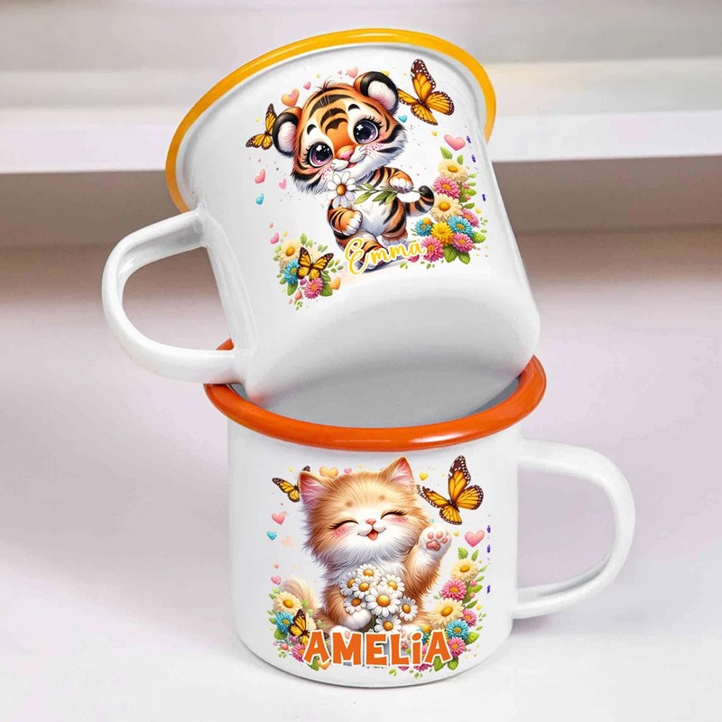 Personalized Wildflower Cute Animal Portable 12 oz Enamel Cup with Name Back to School Birthday Gift for Boys Girls
