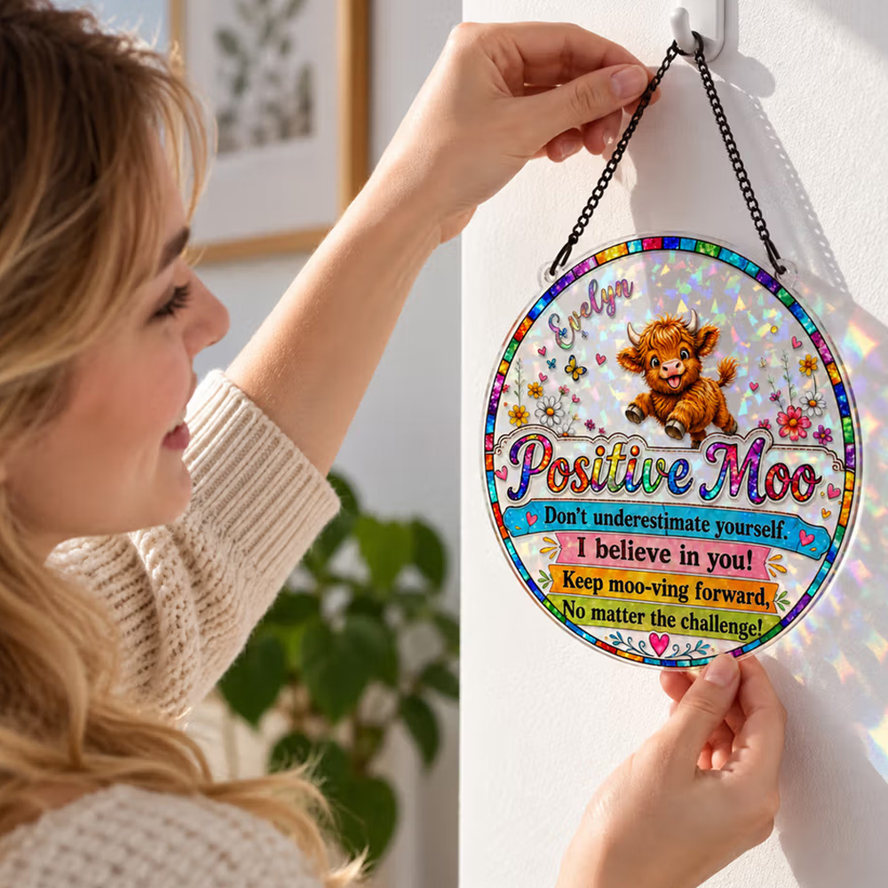 Personalized Colorful Highland Cow Positive Moo Floral Butterfly Sun Catcher with Name Birthday Housewarming Encouragement Gift for Women Friends