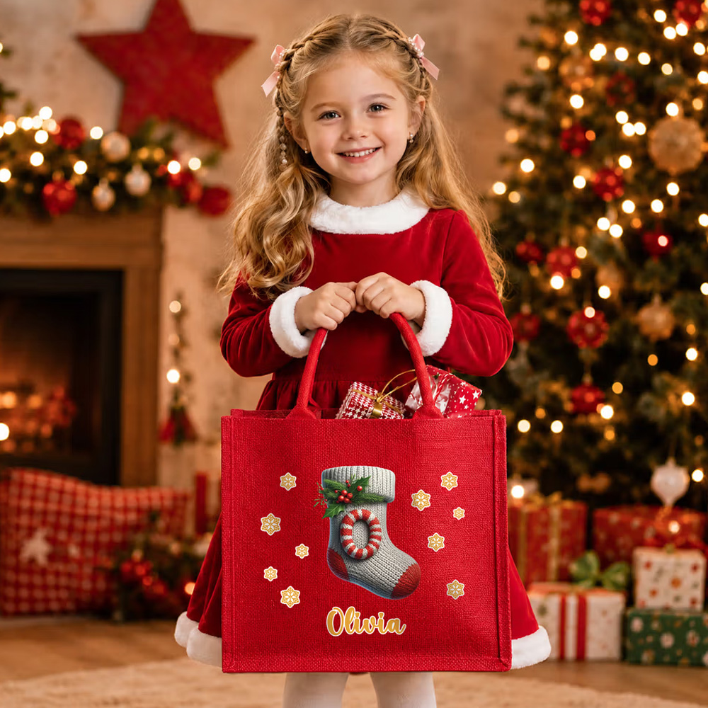 Personalized Christmas Theme Stocking Initial Large Capacity Red Jute Tote Bag with Name Christmas Party Gift for Kids Friends
