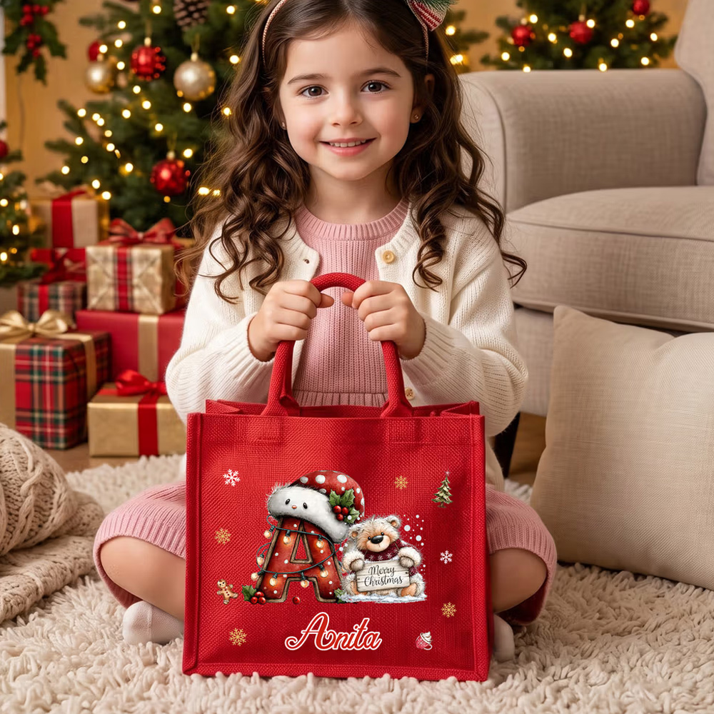 Personalized Cute Christmas Animal Santa Hat Reusable Red Linen Tote Gift Bag with Initial and Name Christmas Party Gift for Family Kids