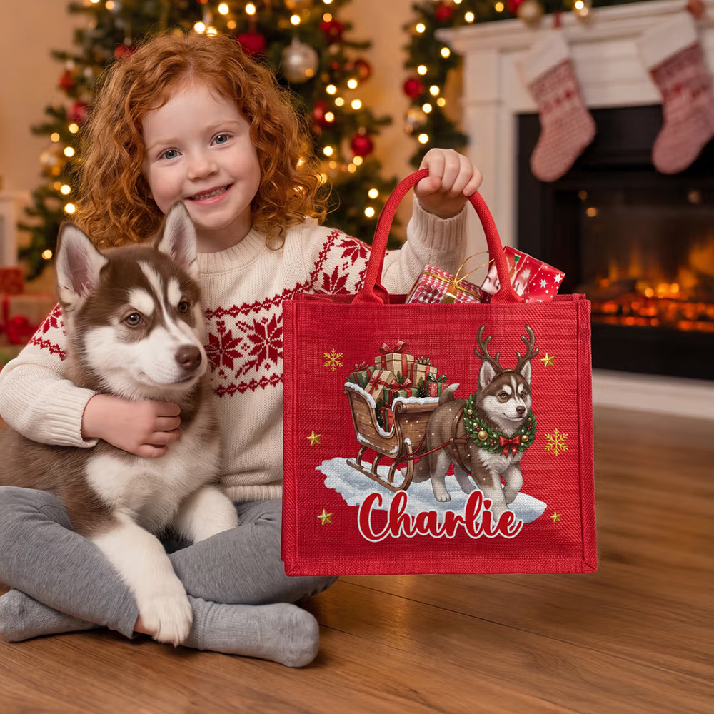 Personalized Cute Pet Photo Christmas Elk Antlers Large Capacity Red Jute Tote Bag with Name Christmas Party Gift for Kids Pet Lovers