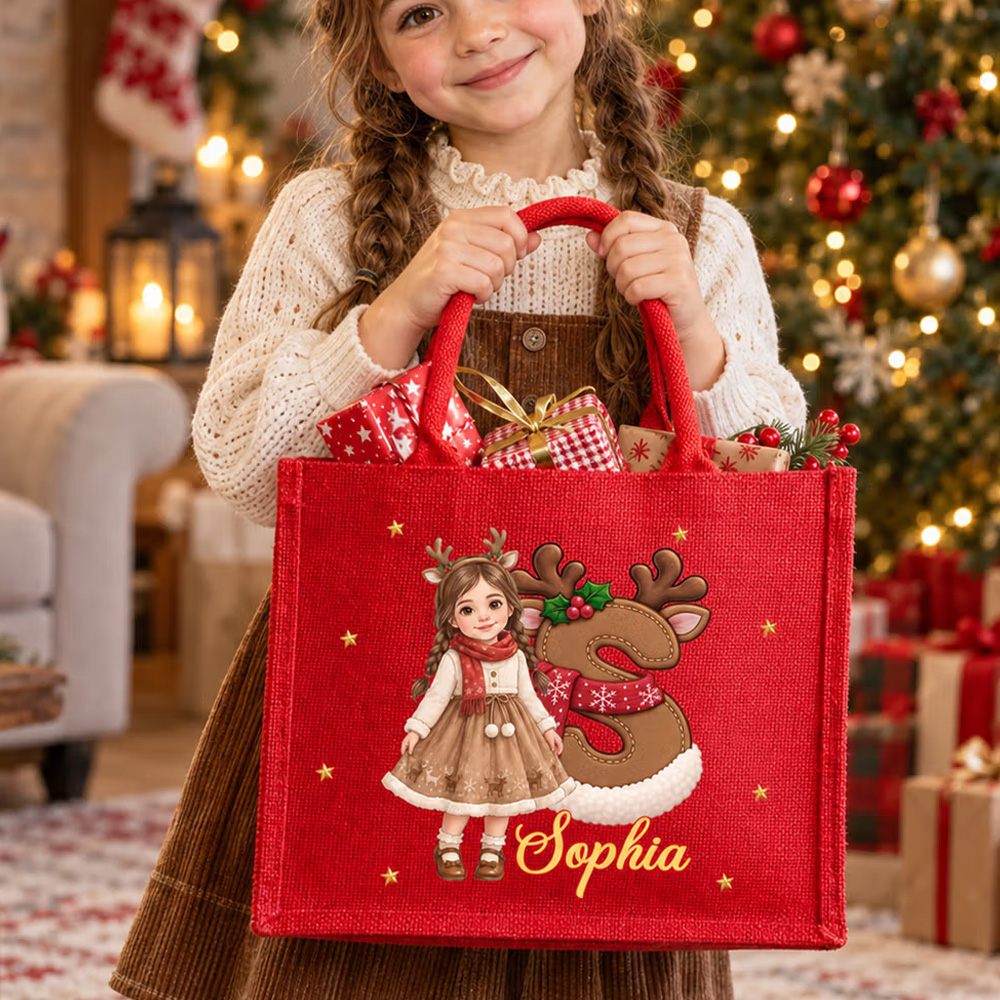 Personalized Cartoon Christmas Style 3D Character Photo Burlap Tote Bags with Name Christmas Eve Gift for Kids Girls Boys