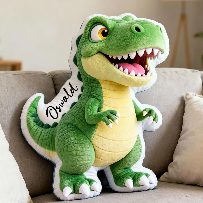 Personalized Green Dinosaur Name Custom Soft Decorative Gift Fun Adventure Style Cute T Rex Cozy Bedroom Playroom Lovely Boy Toy Friendly Animal Graphic 3D Print Pillow