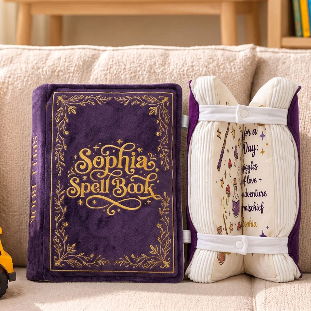 Personalized Spell Book-Shaped Throw Pillow With Custom Name Magic Recipe Openable Plush Book Gift for Kids Girls and Boys
