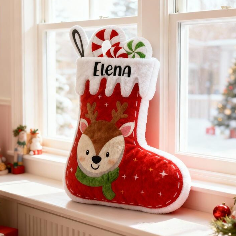 Personalized Christmas Stocking Name Custom Soft Decorative Gift Red Holiday Style Cute Reindeer Candy Cozy Winter Festive Room Lovely Joyful Graphic 3D Print Pillow