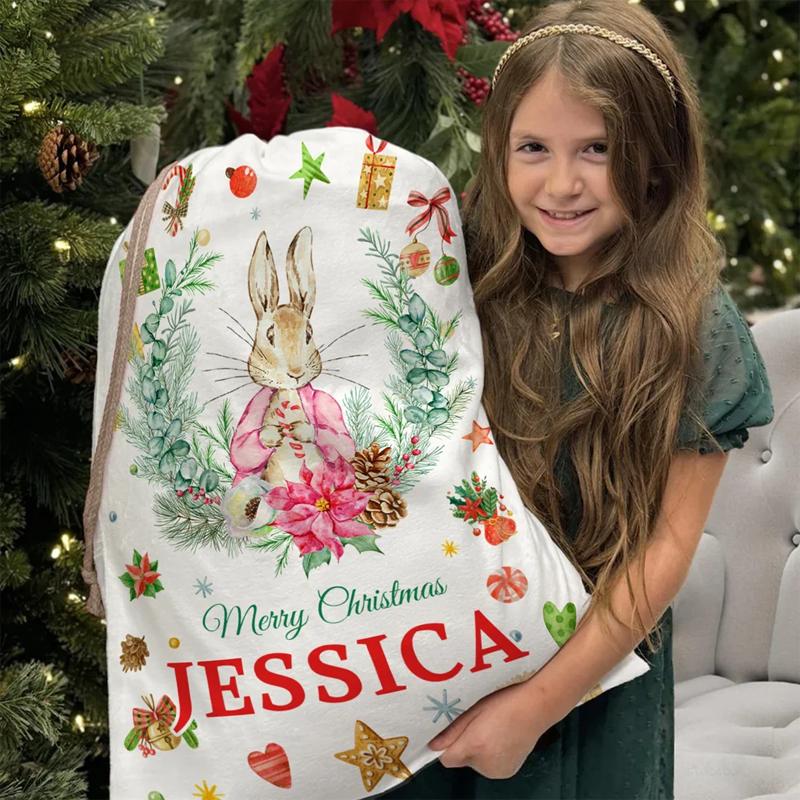 Personalized Cute Peter Rabbit Wreath Drawstring Christmas Gift Bag with Name Christmas Eve Party Gift for Kids Family Friends