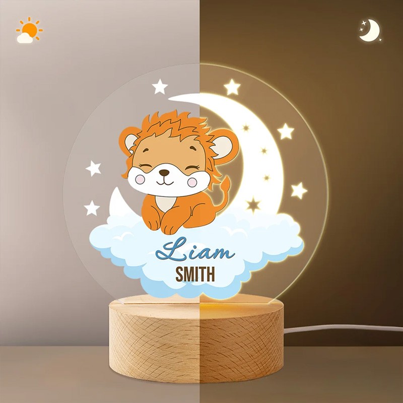Personalized Dreamy Moon Forest Animal LED Night Light with Name Text and Wooden Base Nursery Room Decor Birthday Baby Shower Gift for Baby Kid