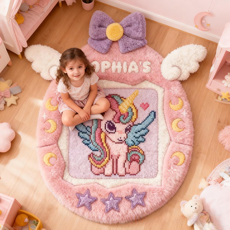 Personalized Dream Horse Wings Name Custom Soft Decorative Gift Pink Purple Style Magical Dream Cute Flying Pony Lovely Princess Room Cozy Sweet Floor Mat Carpet Rug for Kids