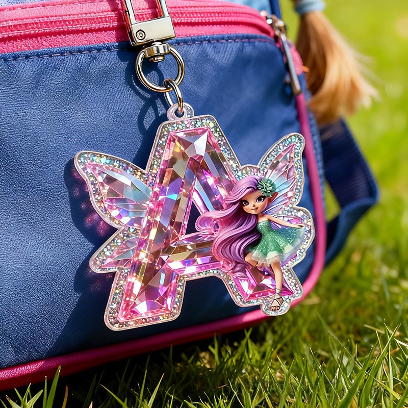 Personalized Fairy Initial Custom Name Soft Decorative Gift Magical Sparkle Style Pink Purple Dream Cute Fantasy Wings Lovely Girl Charm Enchanted Accessory Glitter Keychain