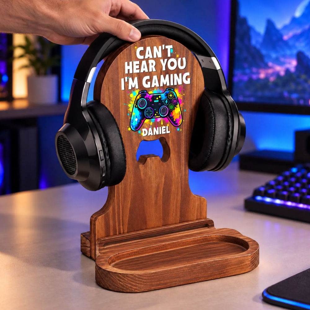 Personalized Wooden Headset Stand Custom Name Gaming Gifts for Gamers