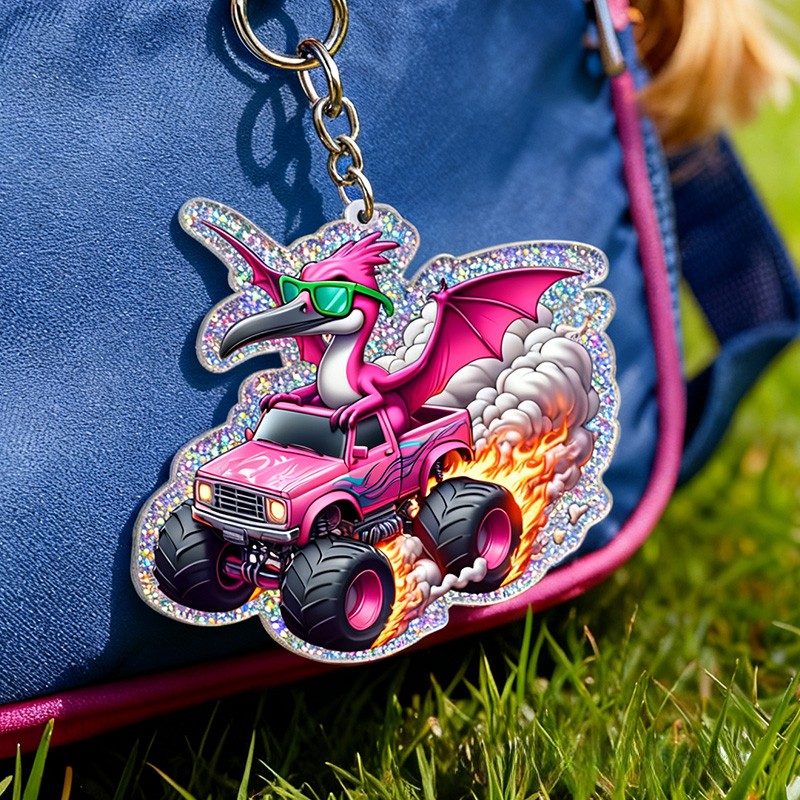Personalized Dragon Truck Custom Name Soft Decorative Gift Fantasy Adventure Style Pink Fire Flame Power Cool Monster Car Fun Boy Toy Charm Unique Accessory Glitter Keychain