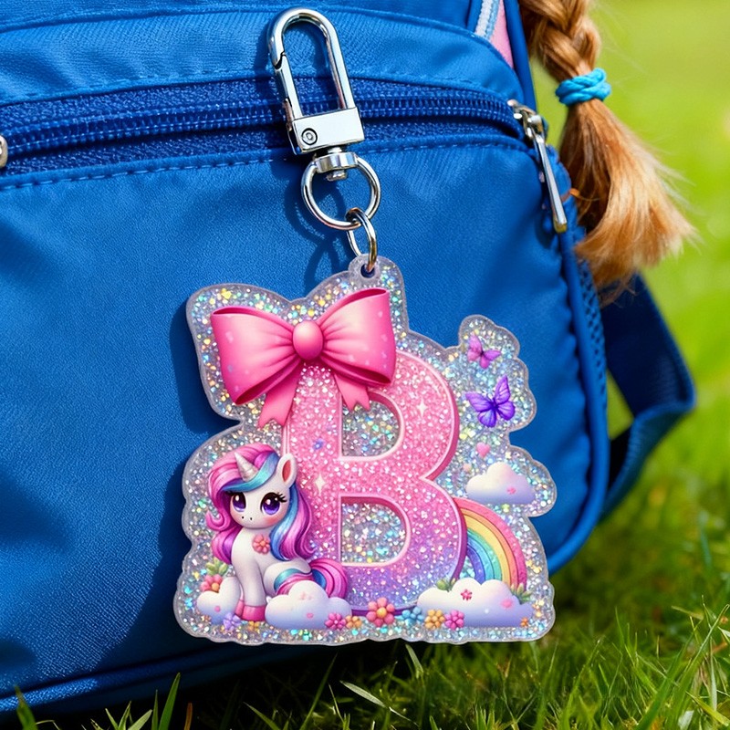Personalized Dream Horse Bow Initial Custom Name Soft Decorative Gift Pink Rainbow Style Sparkle Dream Cute Magical Cloud Fantasy Lovely Girl Charm Accessory Glitter Keychain Sale-megacustom