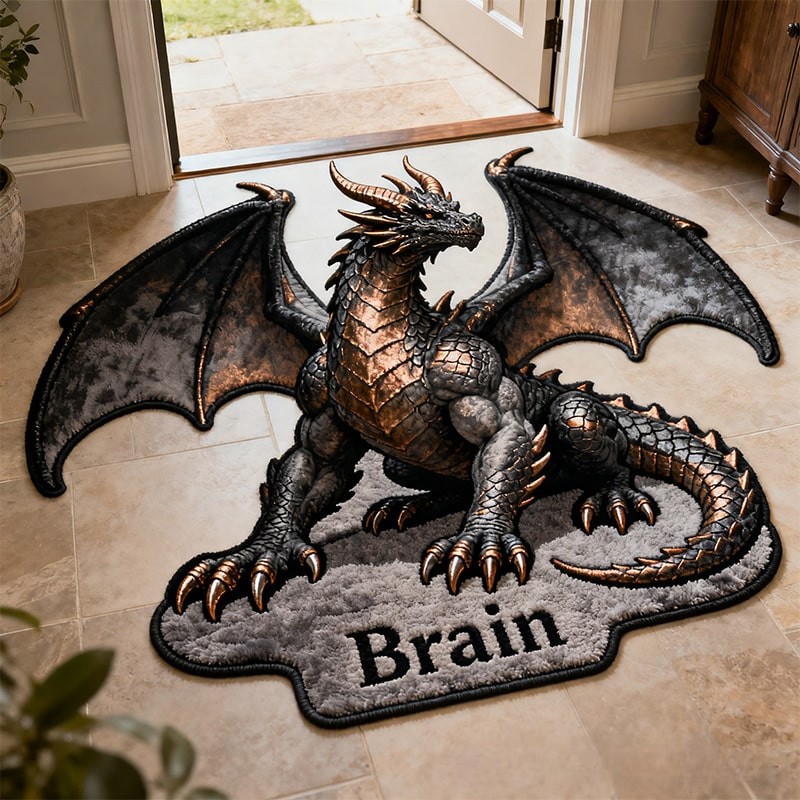 Personalized Dragon Custom Name Soft Decorative Gift Fantasy Fire Style Cozy Bedroom Winged Creature Brave Hero Adventure Fun Playtime Magical Room Carpet Rug for Kids
