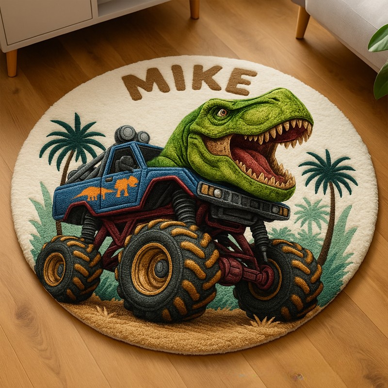 Personalized Dinosaur Monster Truck Custom Name Soft Decorative Gift Adventure Style Cozy Bedroom Fun Playtime Explorer Boy Room Creative Carpet Rug for Kids