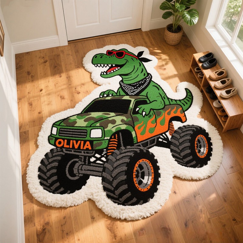 Personalized Dinosaur Jeep Custom Name Soft Decorative Gift Adventure Style Cozy Bedroom Green T Rex Red Car Cool Fun Playtime Explorer Boy Room Creative Carpet Rug for Kids