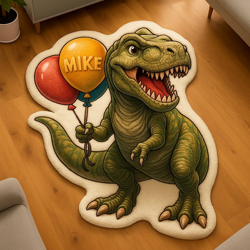 Personalized Dinosaur Custom Name Soft Decorative Gift Cute Style Cozy Bedroom Blue Green Cartoon T Rex Fun Playtime Adventure Boy Room Creative Carpet Rug for Kids