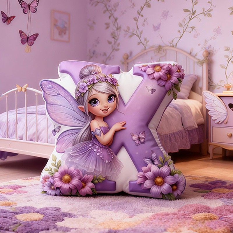 Personalized Fairy Letter Custom Name Soft Decorative Gift Magical Fantasy Style Cozy Bedroom Purple Flower Sparkle Dream Lovely Wings Enchanted Night Graphic 3D Print Pillow