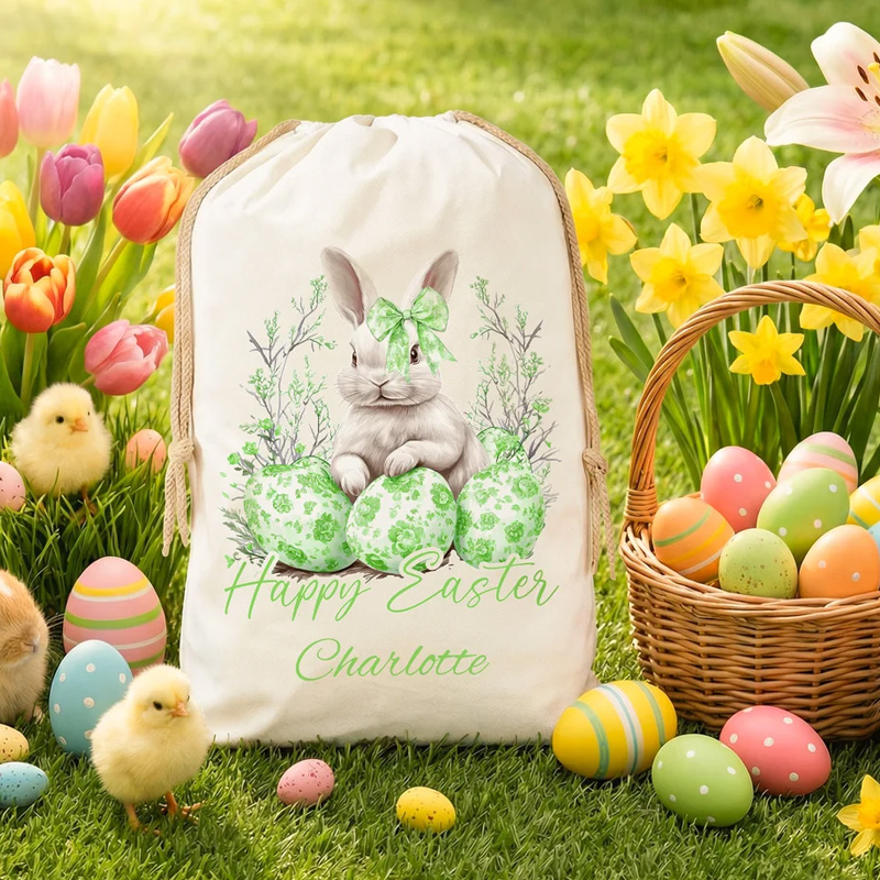 Personalized Floral Easter Bunny Egg Drawstring Canvas Treat Bag with Name Easter Egg Hunt Party Gift for Kids